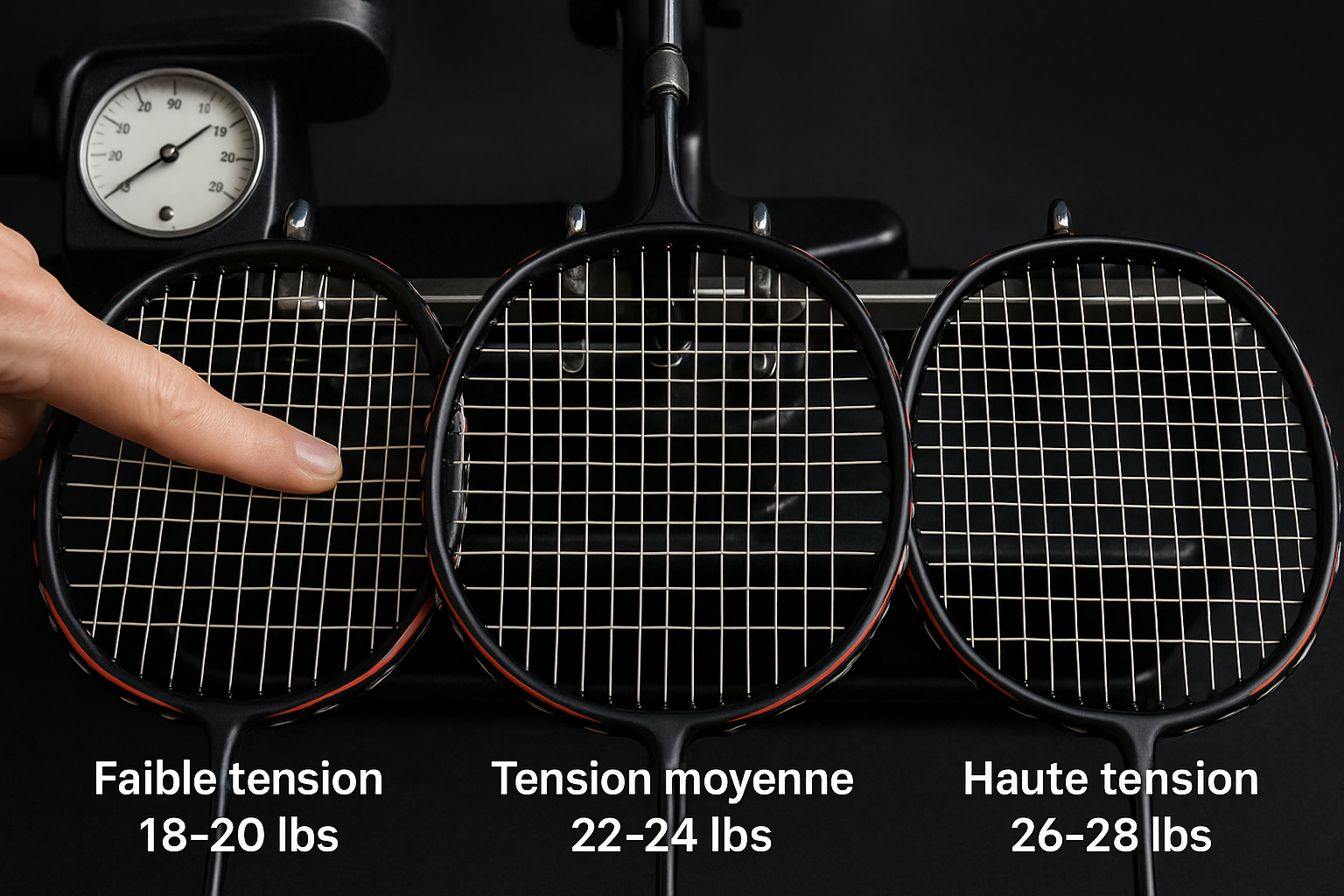 Image réaliste représentant les tensions de cordage au badminton