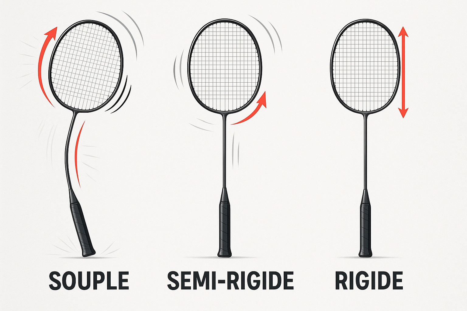 Trois raquettes de badminton montrant les différents niveaux de rigidité